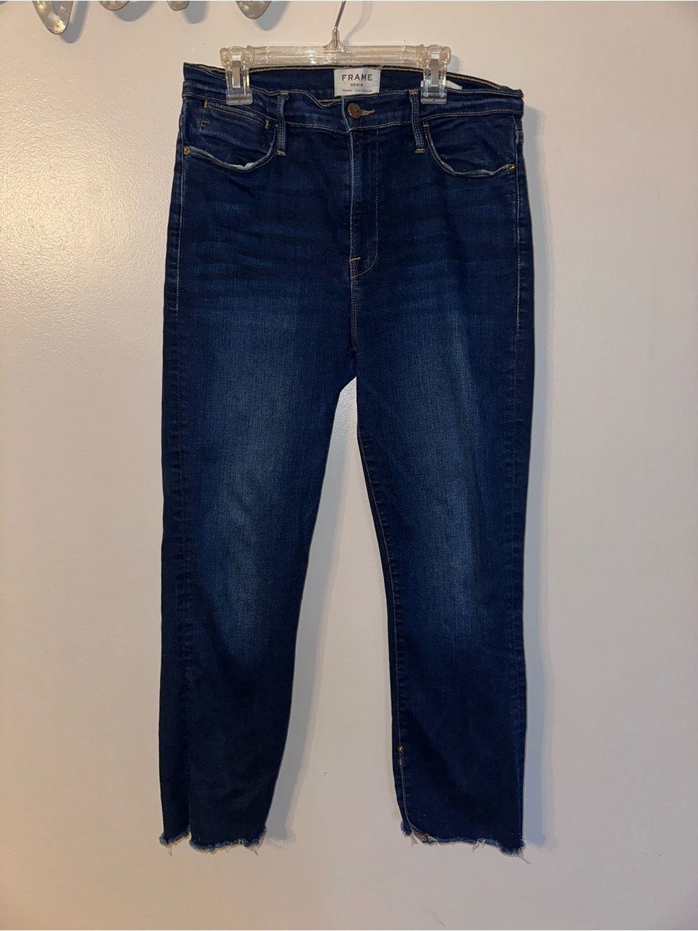 FRAME Dark Blue Le High Straight Jean Raw Hem